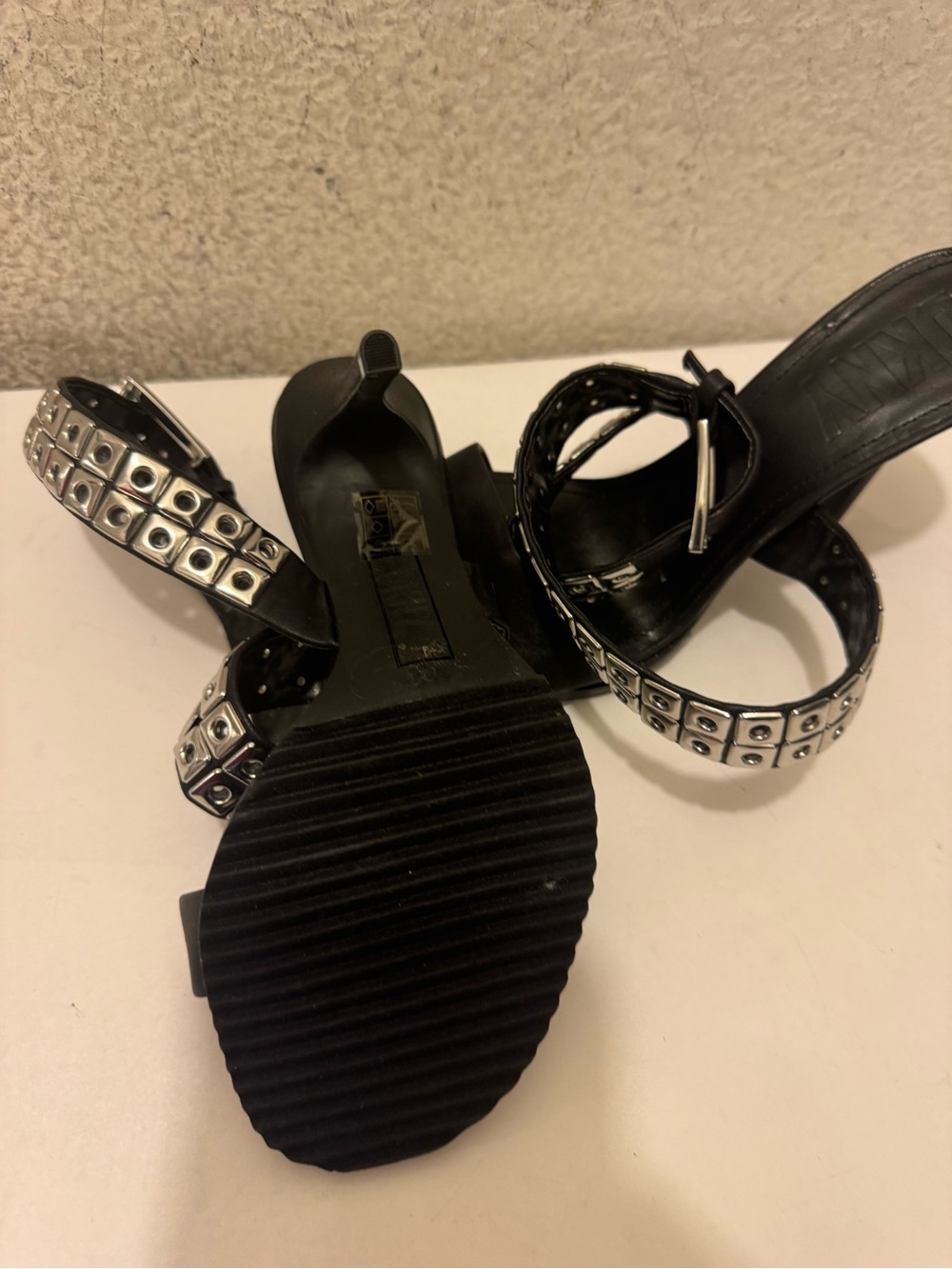 DKNY Black Heeled Sandals with Silver Stud Accents - Picture 5 of 7